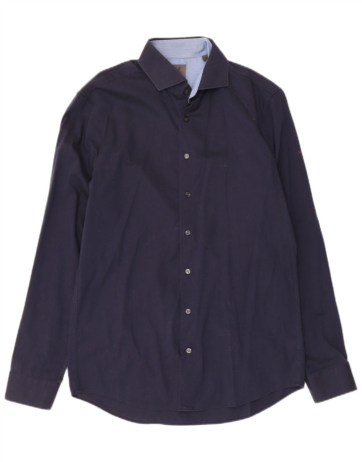 Calvin Klein Mens Fitted Shirt Size 39 15 1/2 Medium Navy Blue Cotton