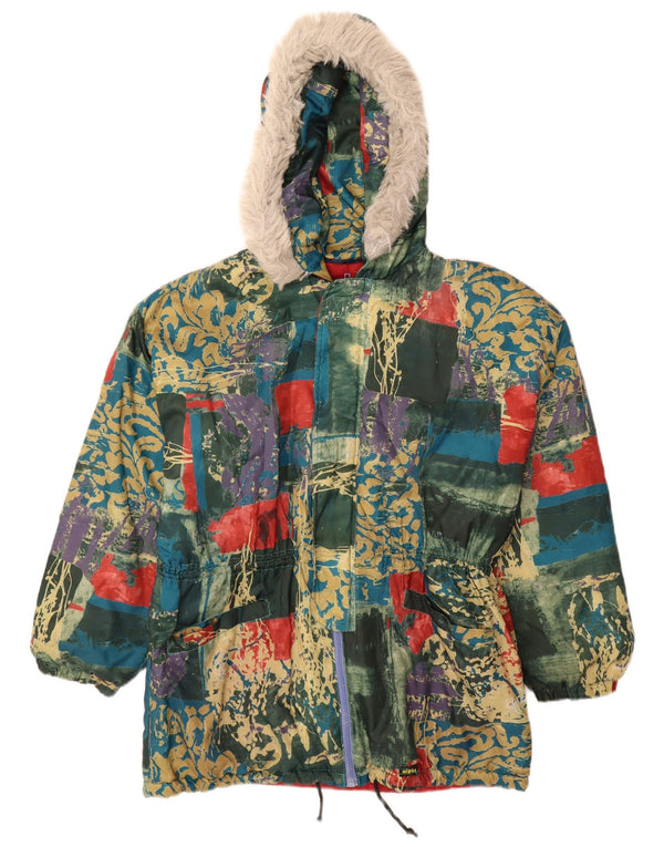 Vintage Mens Hooded Windbreaker Coat UK 38 Medium Green Patchwork Polyester