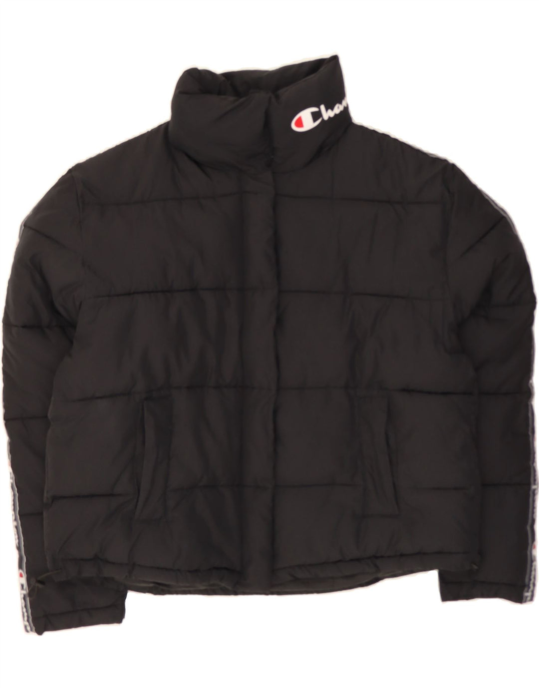 CHAMPION Womens Graphic Padded Jacket UK 16 Large Black Polyester Vintage Champion and Second-Hand Champion from Messina Hembry 