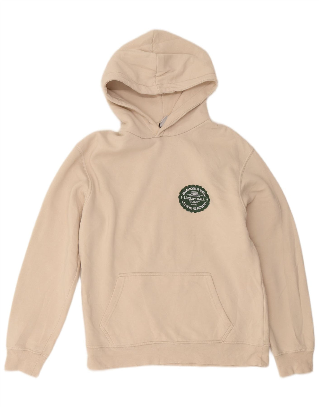 Zara Mens Graphic Hoodie Jumper Medium Beige Cotton