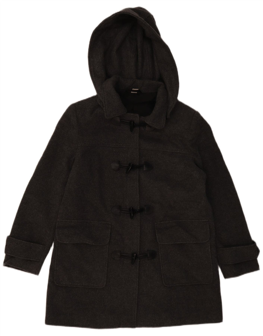 VINTAGE Womens Hooded Duffle Coat UK 16 Large Grey Wool