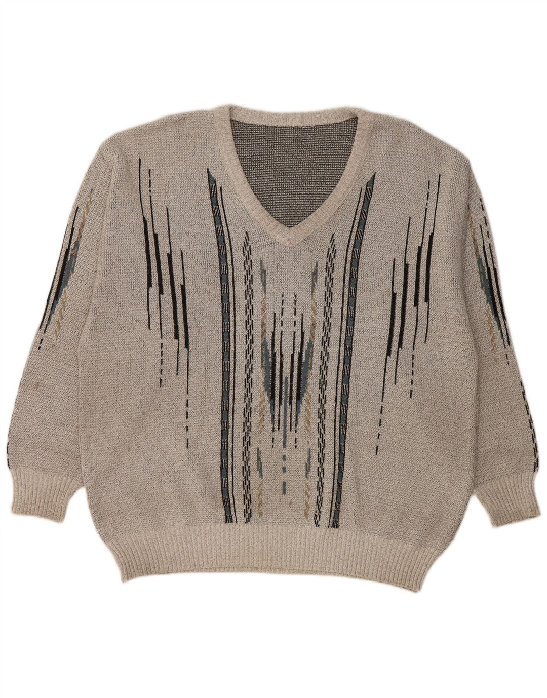 VINTAGE Mens V-Neck Jumper Sweater Large Grey Geometric