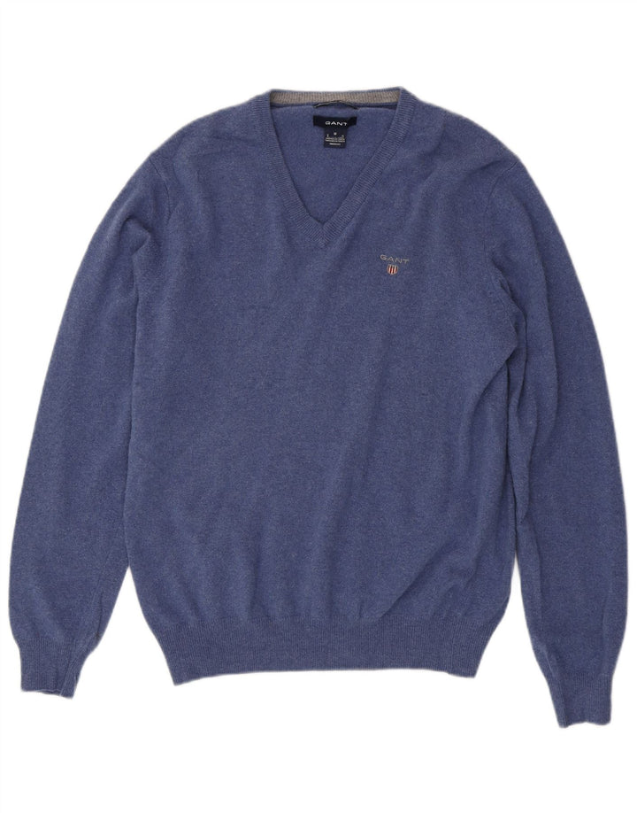Gant Mens V-Neck Jumper Sweater Medium Blue Wool