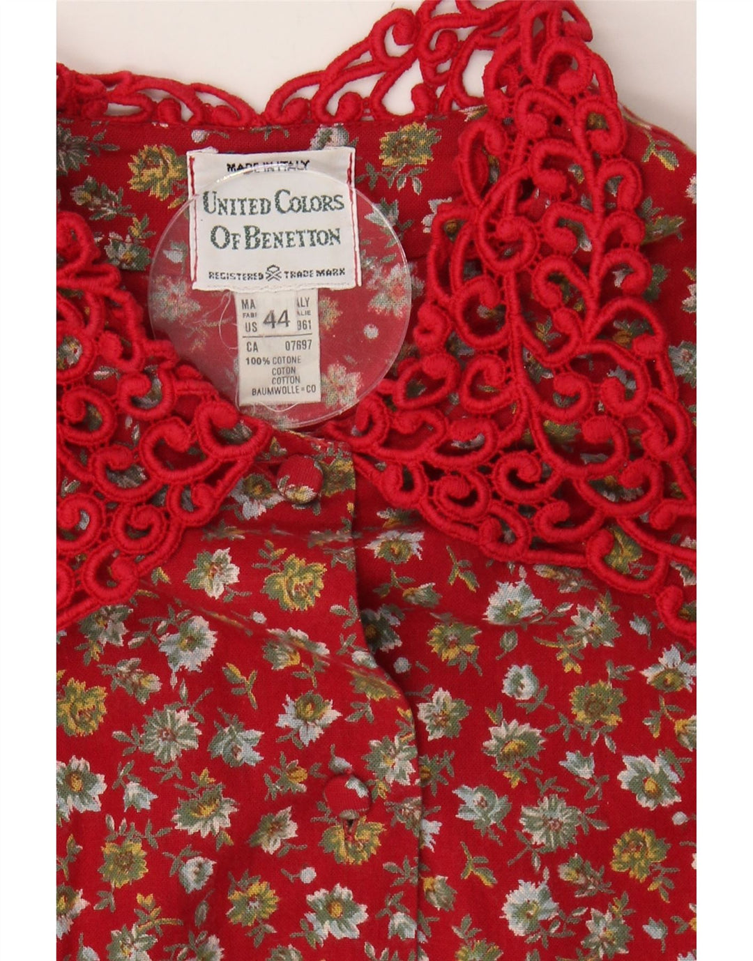 BENETTON Womens Shirt Blouse IT 44 Medium Red Floral Cotton Vintage Benetton and Second-Hand Benetton from Messina Hembry 