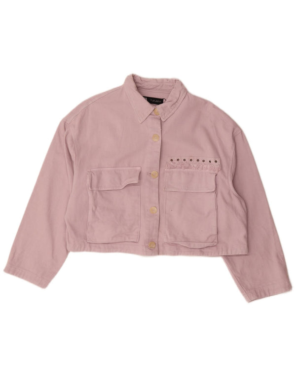 Zara Womens Crop Oversized Denim Jacket UK 16 Large Pink Cotton