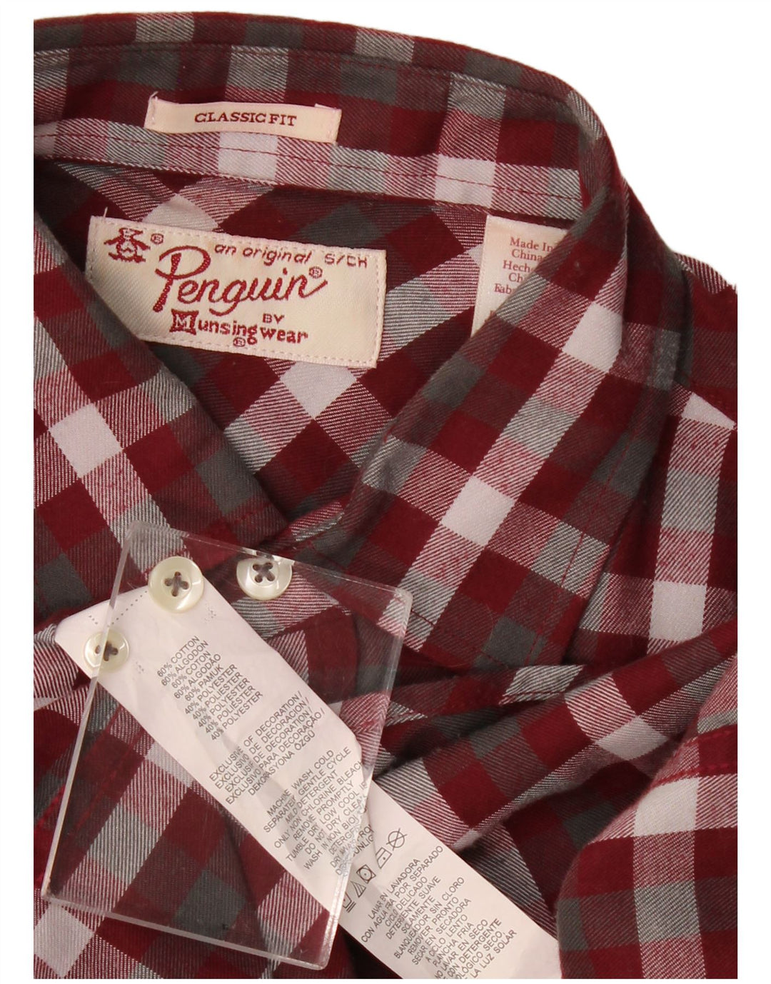 PENGUIN Mens Classic Fit Flannel Shirt Small Burgundy Check Cotton