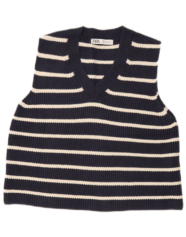 Zara Womens Vest Tank Top UK 16 Large Navy Blue Striped