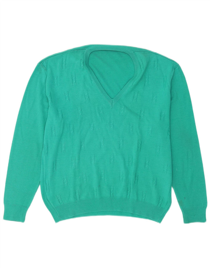 Vintage Mens V-Neck Jumper Sweater Large Turquoise Wool