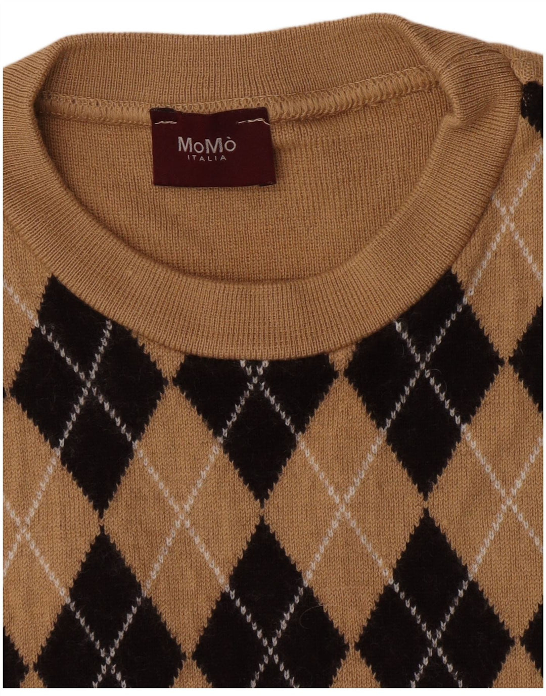 Momo Mens Crew Neck Jumper Sweater Small Beige Argyle/Diamond