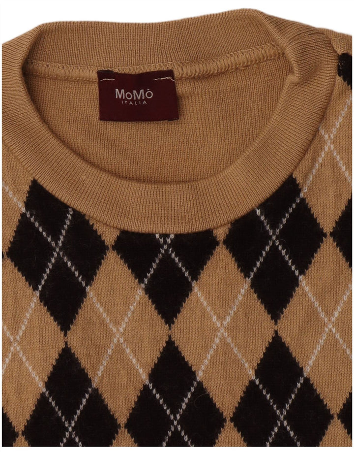 Momo Mens Crew Neck Jumper Sweater Small Beige Argyle/Diamond