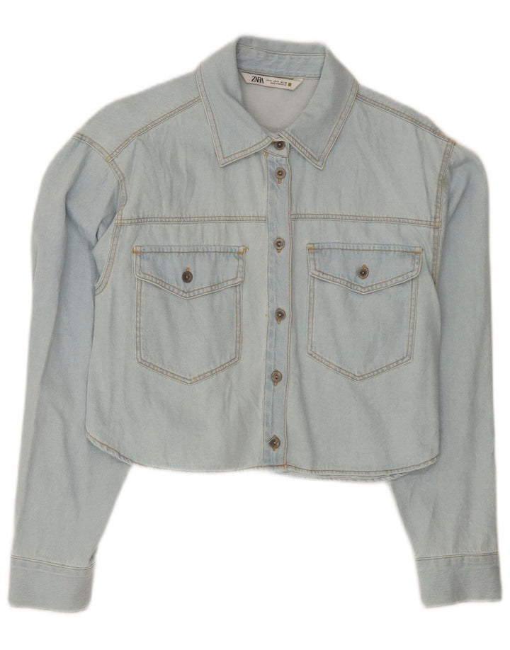 Zara Womens Crop Denim Shirt UK 14 Medium Blue Cotton
