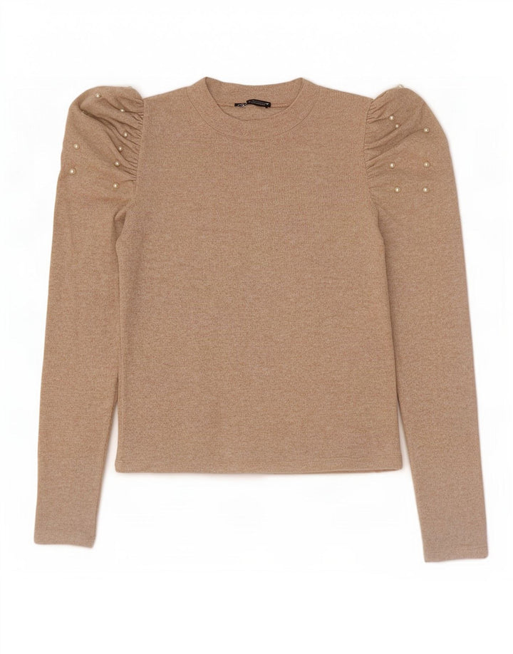 Zara Womens Long Sleeve Blouse Top UK 12 Medium Beige