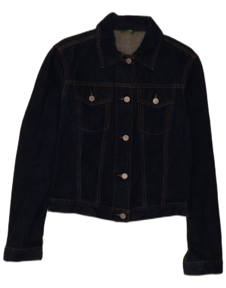 BENETTON Womens Crop Denim Jacket UK 12 Medium Navy Blue Cotton