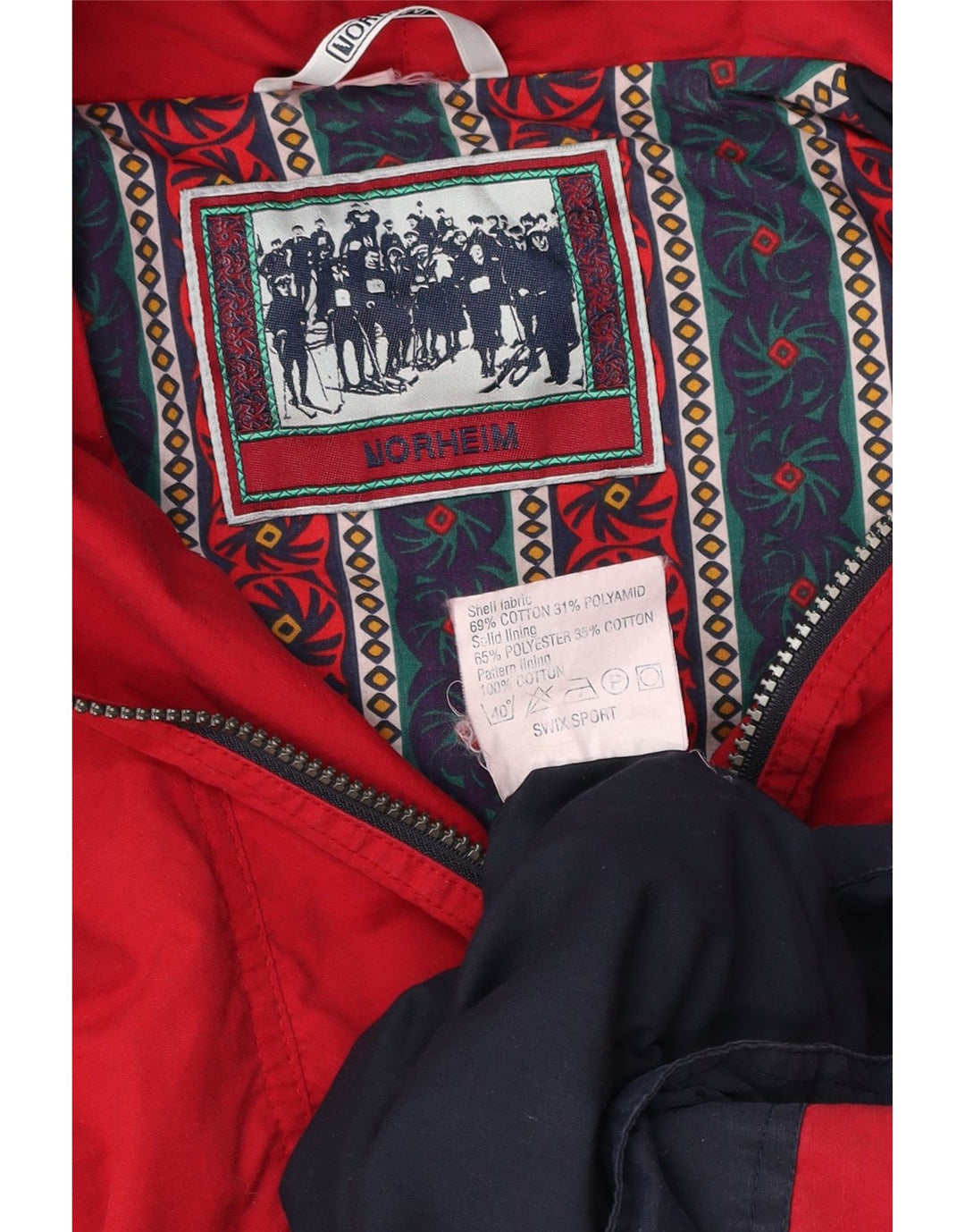 NORHEIM Mens Hooded Anorak Jacket UK 40 Large Red Colourblock Cotton