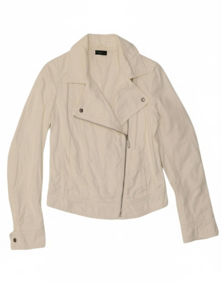 BENETTON Womens Crop Biker Jacket UK 12 Medium White Cotton Vintage Benetton and Second-Hand Benetton from Messina Hembry 