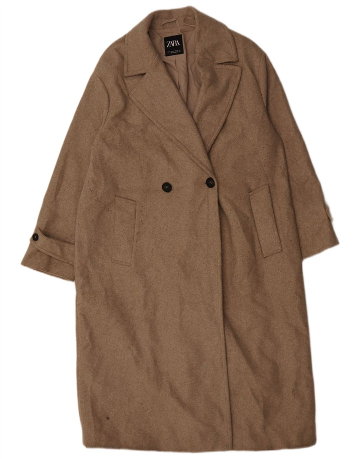 Zara Womens Oversized Double Breasted Coat UK 16 Medium Beige Polyester