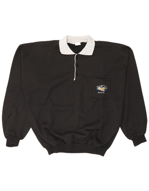 Vintage Mens Polo Neck Jumper Sweater Large Black Colourblock Cotton