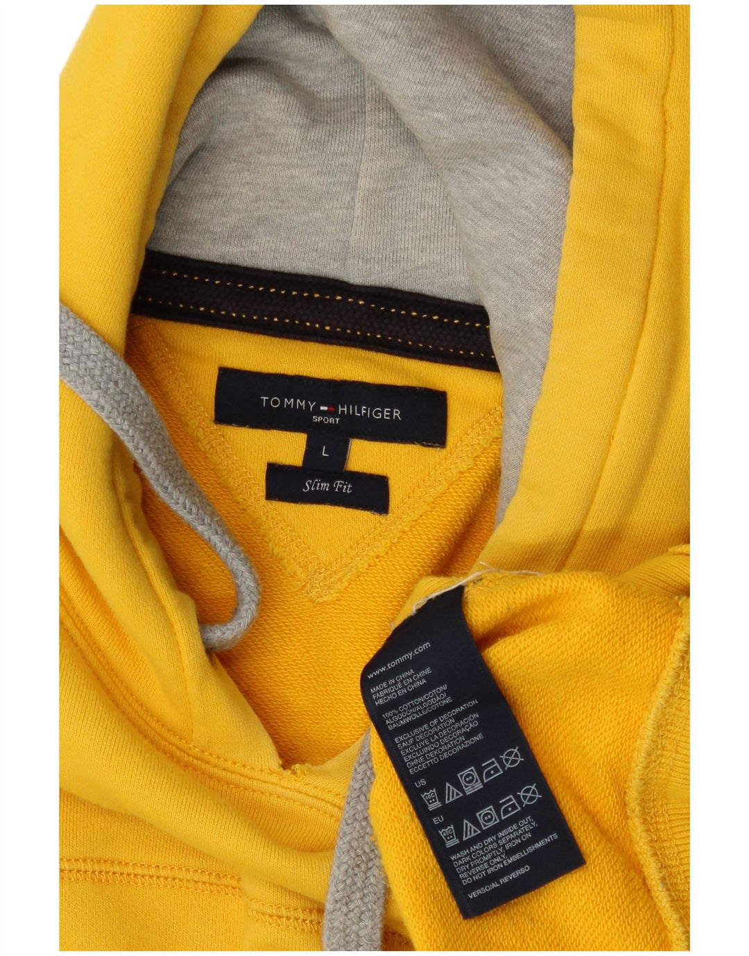 TOMMY HILFIGER Mens Slim Fit Graphic Hoodie Jumper Large Yellow Cotton
