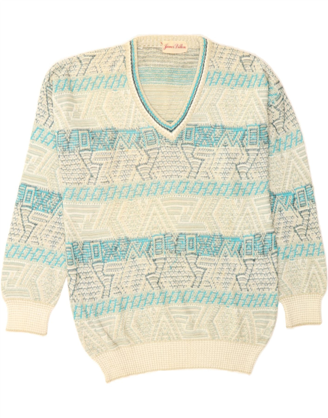 JAMES DILLON Mens V-Neck Jumper Sweater Large Green Striped Vintage James Dillon and Second-Hand James Dillon from Messina Hembry 