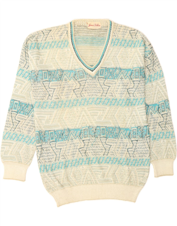 JAMES DILLON Mens V-Neck Jumper Sweater Large Green Striped Vintage James Dillon and Second-Hand James Dillon from Messina Hembry 