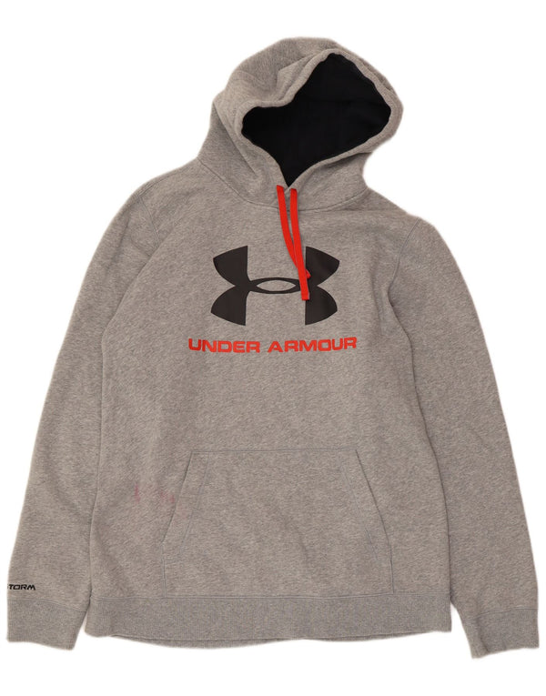 UNDER ARMOUR Mens Graphic Hoodie Jumper Large Grey Flecked Cotton