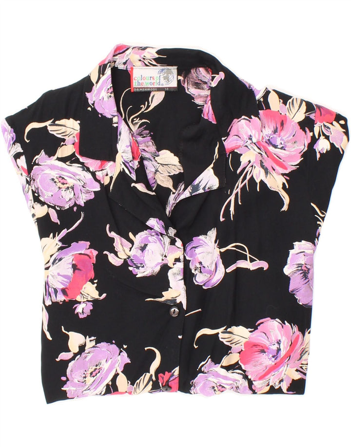 VINTAGE Womens Short Sleeve Shirt EU 38 Medium Black Floral Vintage Vintage and Second-Hand Vintage from Messina Hembry 