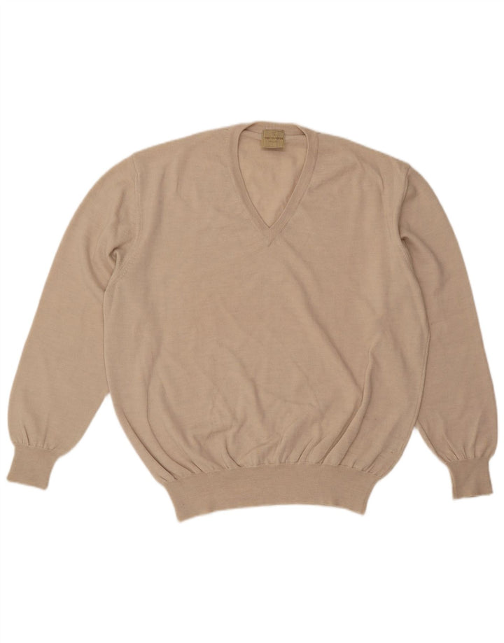 TRUSSARDI Mens V-Neck Jumper Sweater Medium Beige Wool
