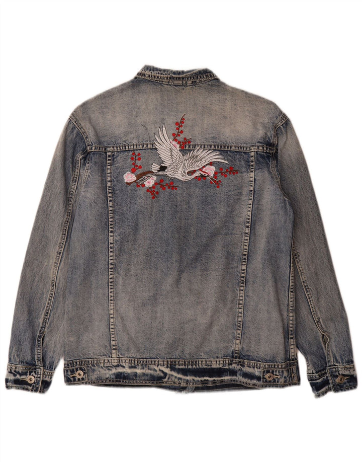 Place du Jour Womens Graphic Denim Jacket EU 36 Small Blue Cotton
