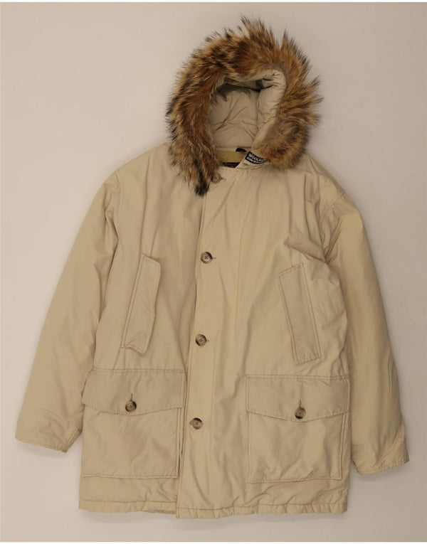Woolrich Mens Hooded Padded Jacket UK 42 XL Beige Cotton