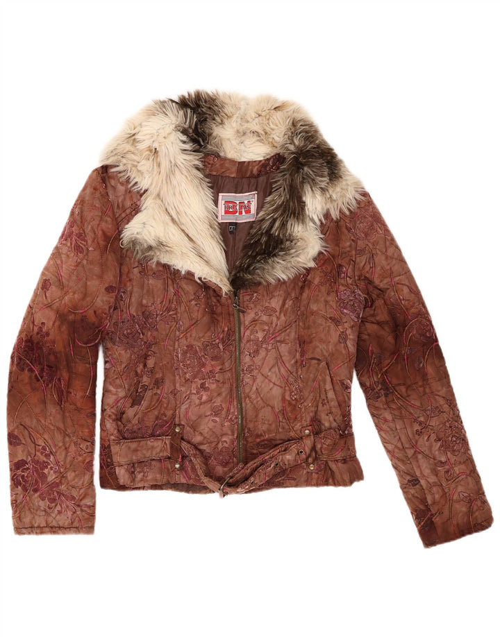 Vintage Womens Quilted Jacket UK 10 Small Brown Floral