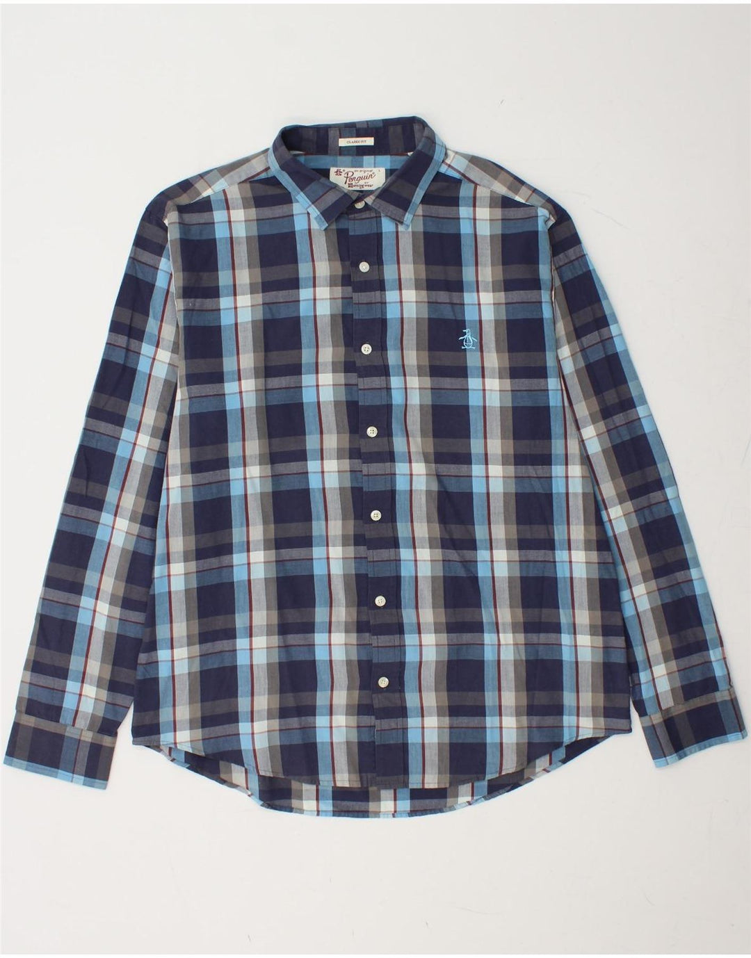PENGUIN Mens Classic Fit Shirt Large Navy Blue Check Cotton