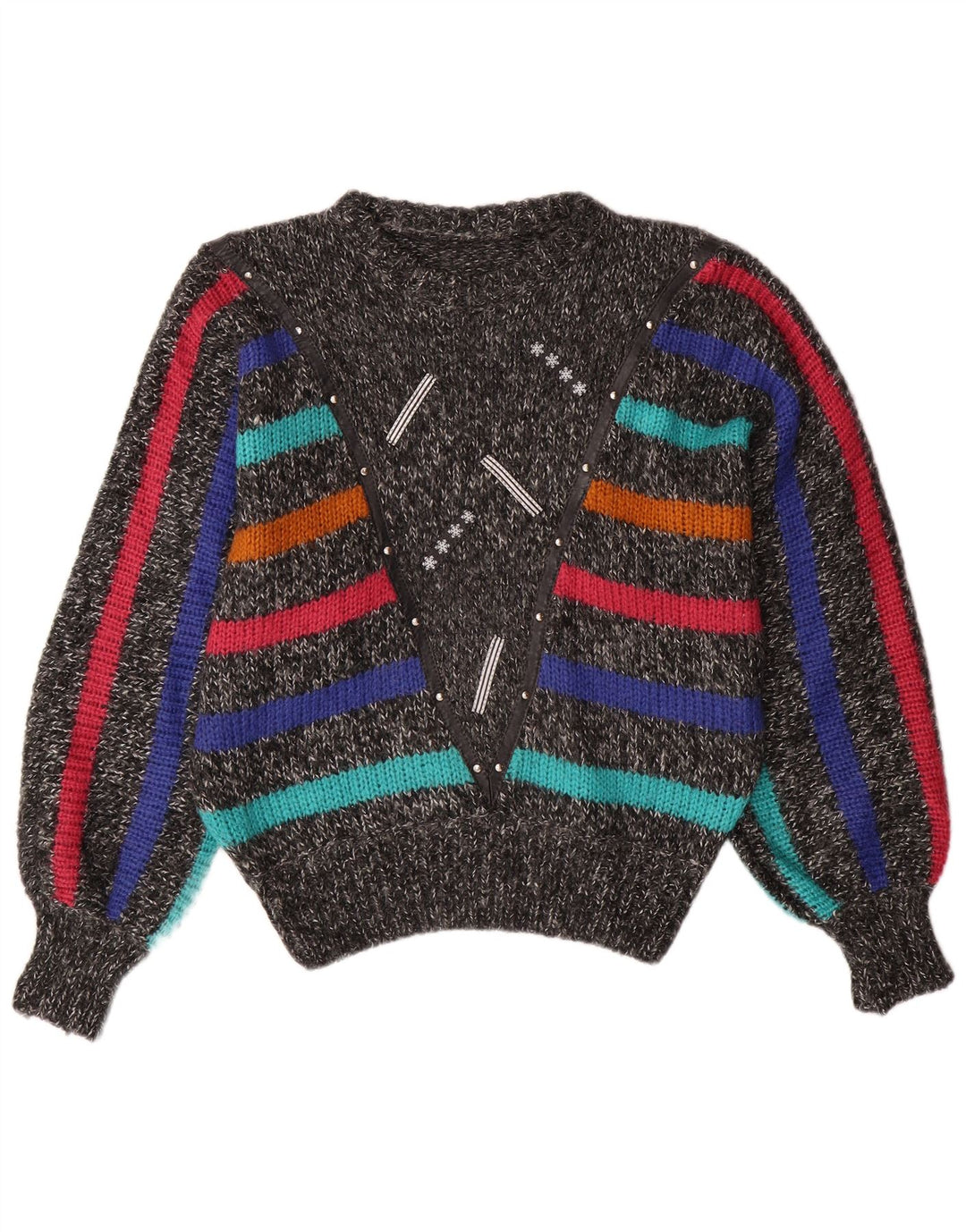 VINTAGE Womens Batwing Crew Neck Jumper Sweater UK 14 Medium Grey Striped