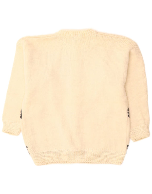 VINTAGE Womens Graphic Cardigan Sweater UK 16 Large Off White Wool