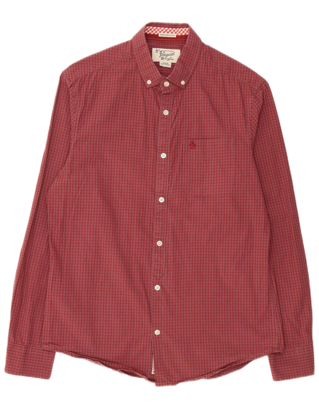 PENGUIN Mens Heritage Slim Fit Shirt Medium Red Gingham Cotton