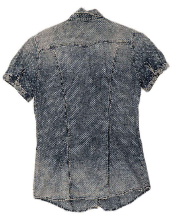 Gas Womens Short Sleeve Denim Shirt UK 12 Medium Blue Spotted Cotton