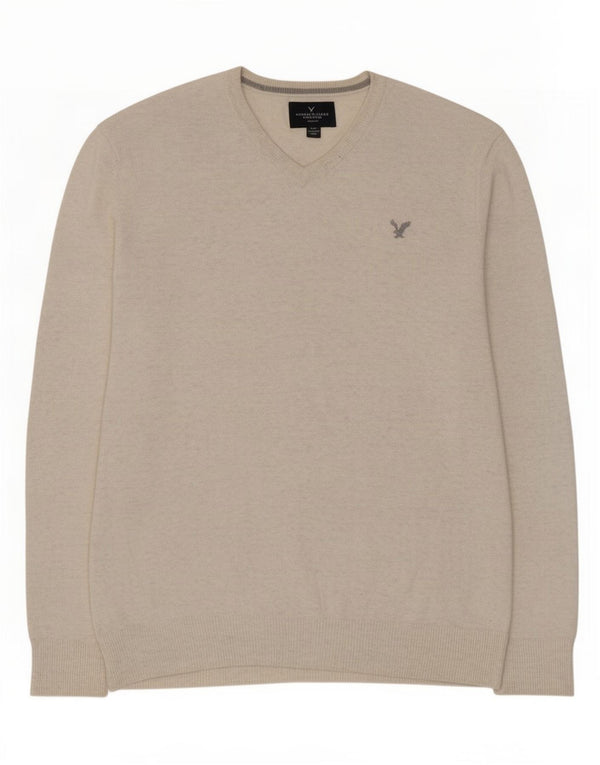 American Eagle Outfitters Mens V-Neck Jumper Sweater Medium Beige Flecked