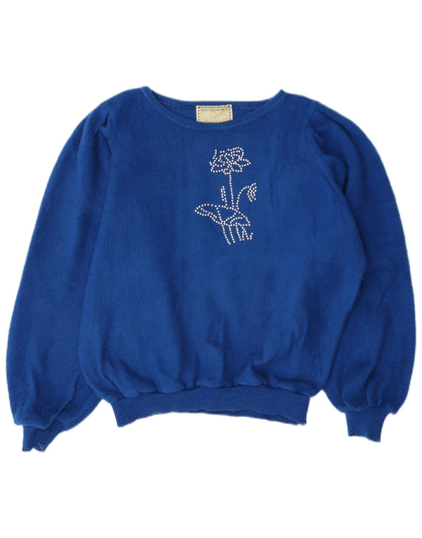Vintage Womens Boat Neck Jumper Sweater UK 16 Large Blue Floral