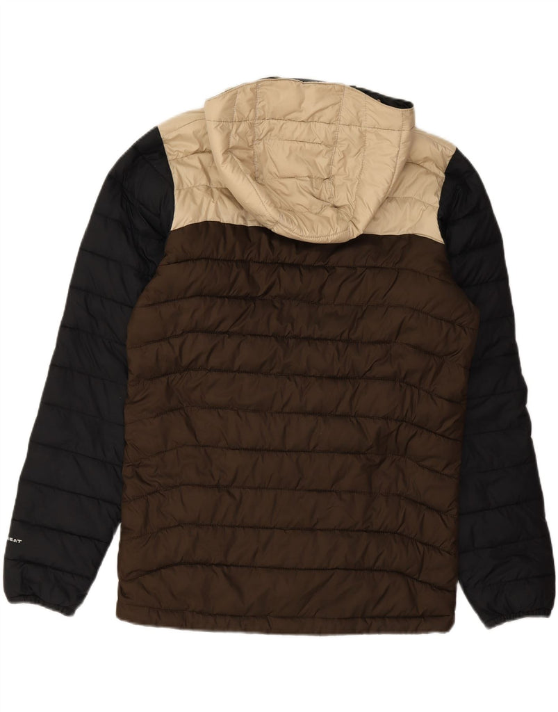 COLUMBIA Mens Hooded Padded Jacket UK 36 Small Brown Colourblock Polyester Vintage Columbia and Second-Hand Columbia from Messina Hembry 