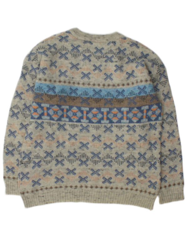 Vintage Mens Boat Neck Jumper Sweater Medium Grey Geometric Wool