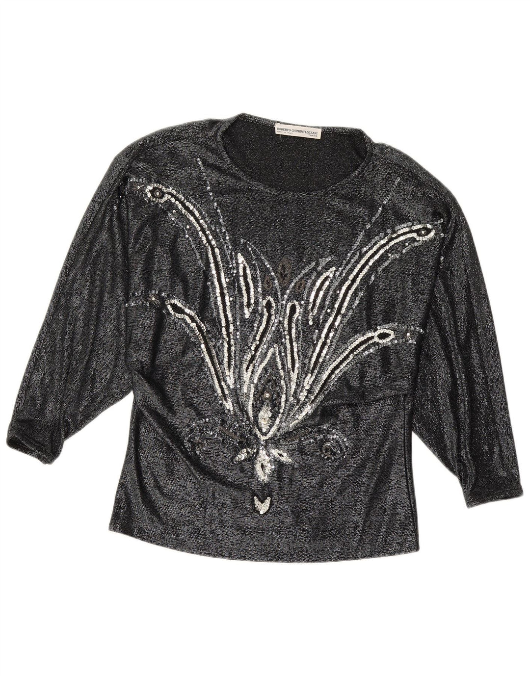 VINTAGE Womens Long Sleeve Blouse Top IT 42 Medium Black Floral Viscose