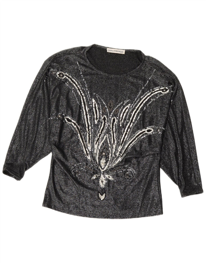 VINTAGE Womens Long Sleeve Blouse Top IT 42 Medium Black Floral Viscose