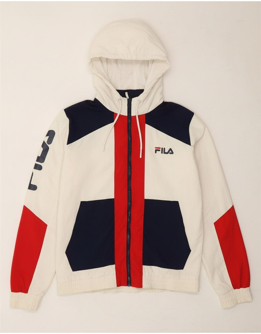 FILA Womens Oversized Graphic Windbreaker Jacket UK 2 2XS White Vintage Fila and Second-Hand Fila from Messina Hembry 