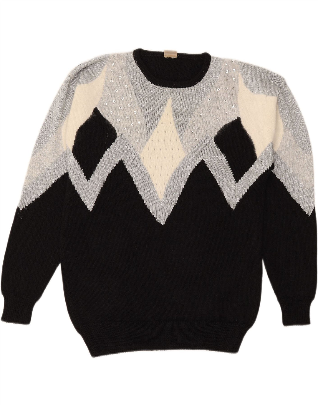 MICHELE BOYARD Mens Crew Neck Jumper Sweater Medium Black Argyle/Diamond Vintage Michele Boyard and Second-Hand Michele Boyard from Messina Hembry 