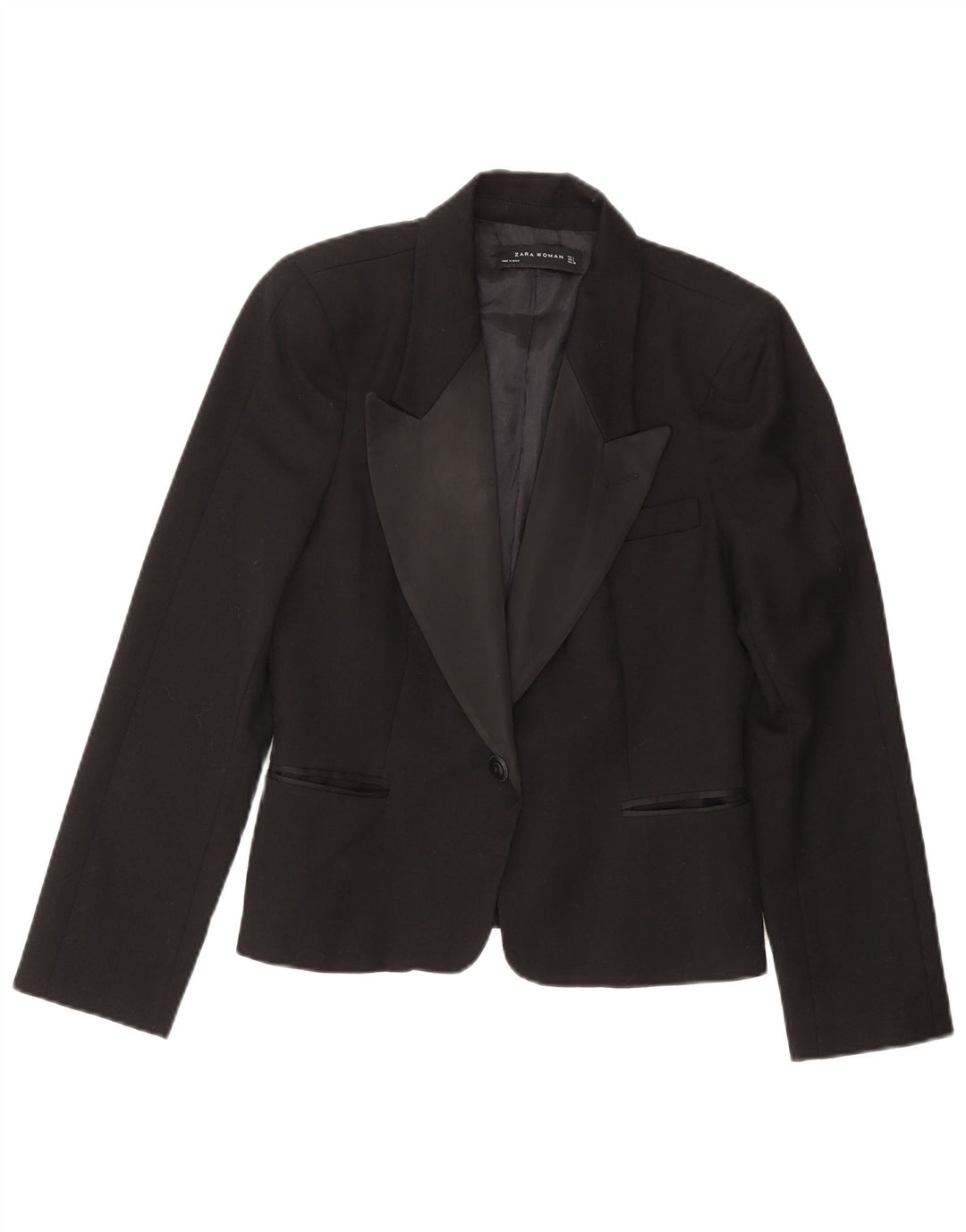 Zara Womens 1 Button Blazer Jacket UK 16 Large Black Wool