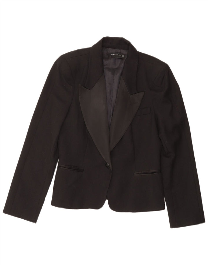 Zara Womens 1 Button Blazer Jacket UK 16 Large Black Wool