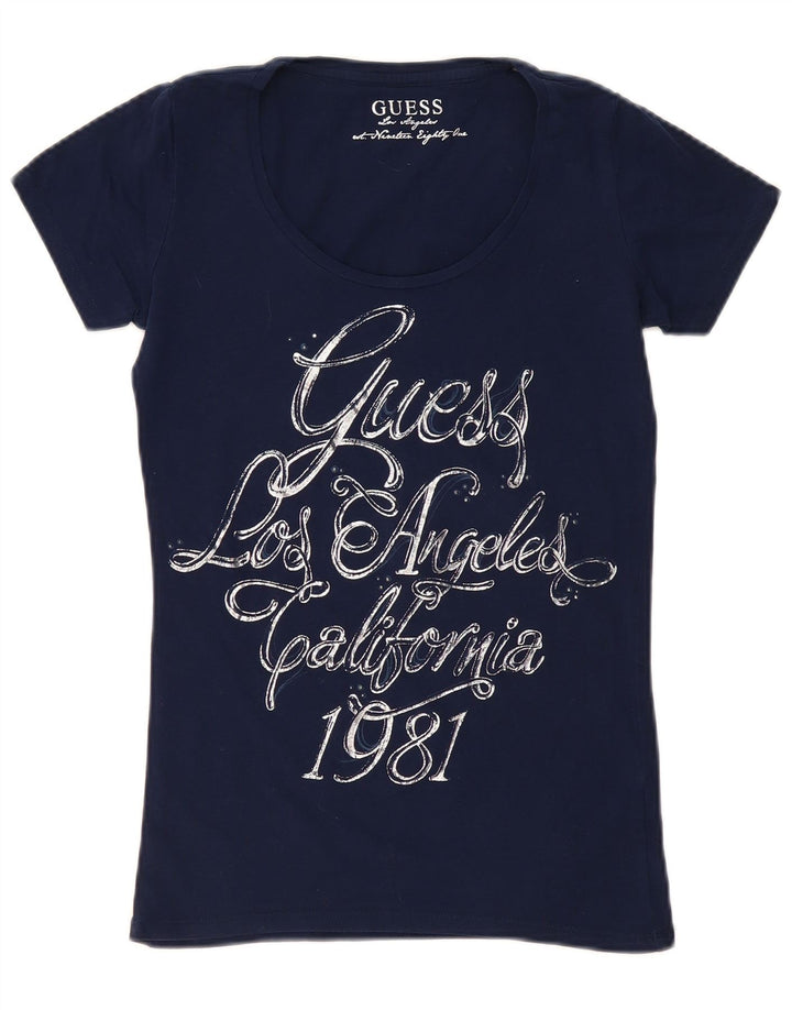 Guess Womens Graphic T-Shirt Top UK 12 Medium Navy Blue