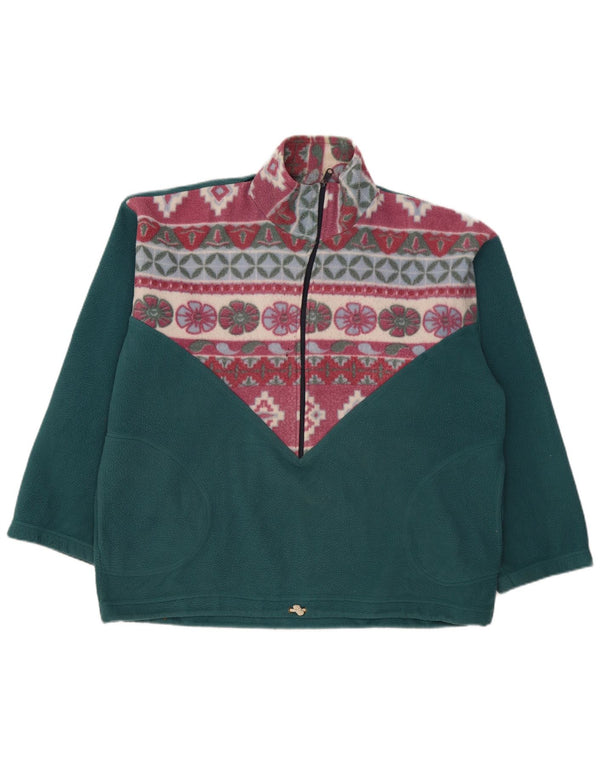 Vintage Mens Zip Neck Fleece Jumper 2XL Green Floral Polyester