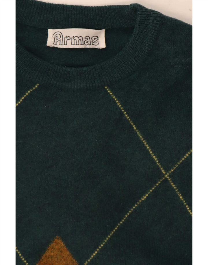Vintage Mens Crew Neck Jumper Sweater Medium Green Argyle/Diamond