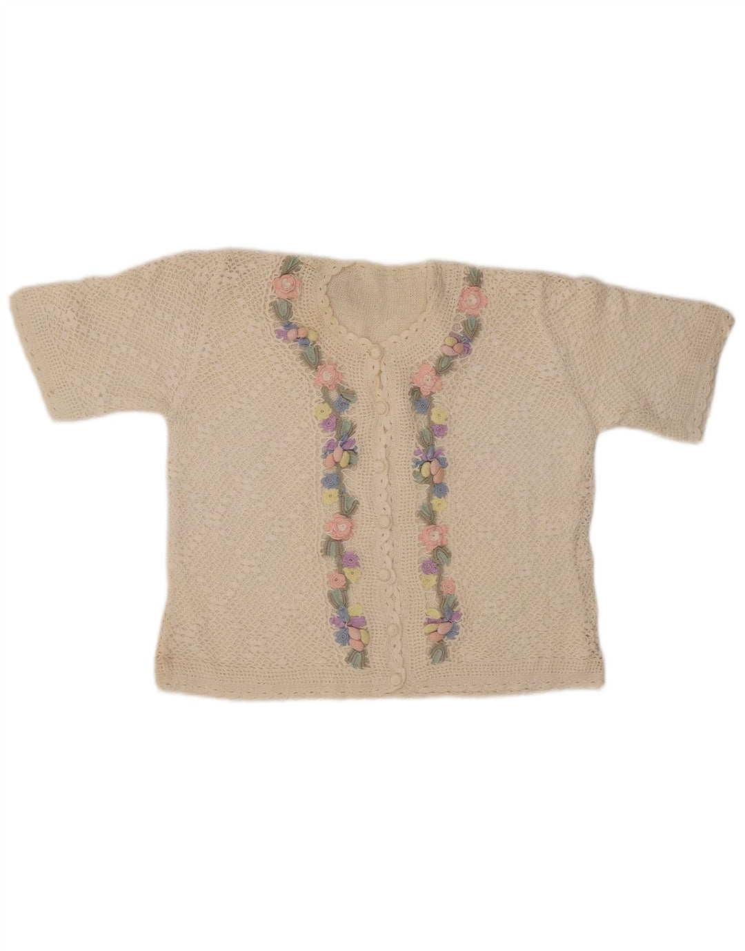 VINTAGE Womens Short Sleeve Cardigan Sweater UK 14 Medium Off White Floral