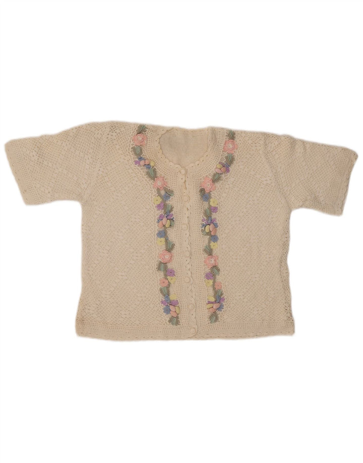 VINTAGE Womens Short Sleeve Cardigan Sweater UK 14 Medium Off White Floral